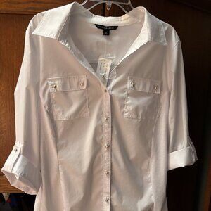 Zac & Rachel White Button Front Blouse NWT XL Faux Pearl Buttons Roll Sleeve